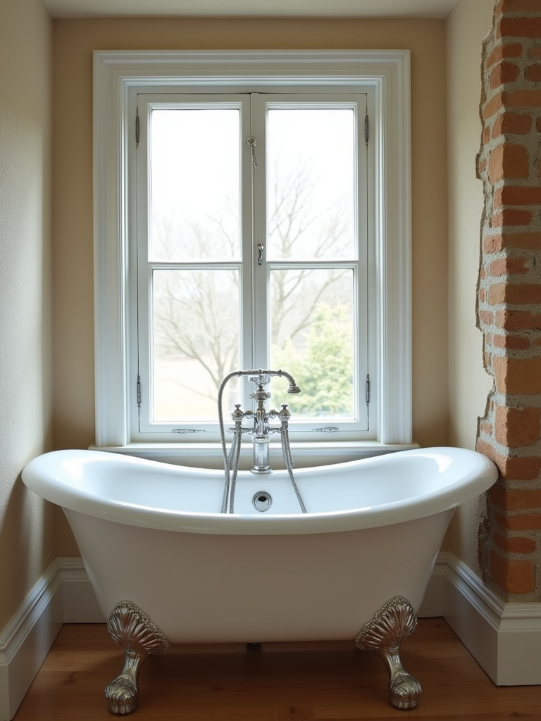 Bright rustic bathroom featuring a white clawfoot tub placed in front of a window with soft daylight.