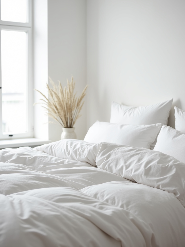 “Bright and airy white bedroom featuring a king-size bed with luxurious all-white linen bedding, illuminated by soft natural light.”
