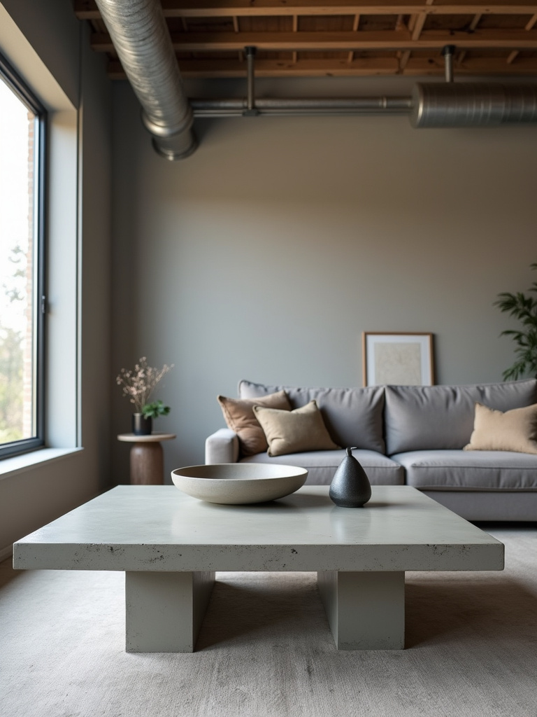 A modern industrial living room featuring a polished concrete coffee table, styled with a bowl and metal sculpture, highlighting the cool, minimalist aesthetic.
