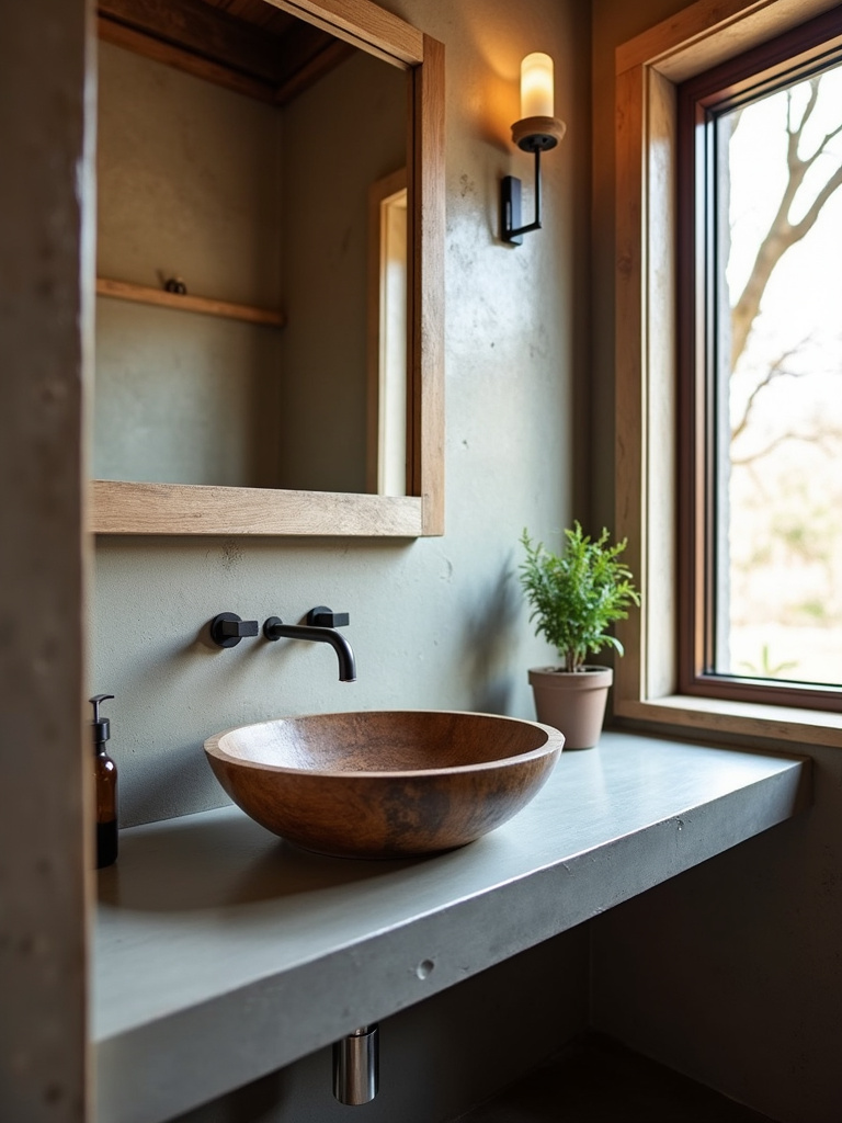 Rustic bathroom featuring a concrete countertop with a vessel sink, illuminated by natural daylight.