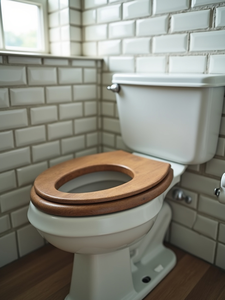 Detail of a vintage bathroom toilet featuring a white porcelain high-tank toilet with a wooden seat and chrome pull chain, set against a subway tile wall and softly illuminated by natural light.