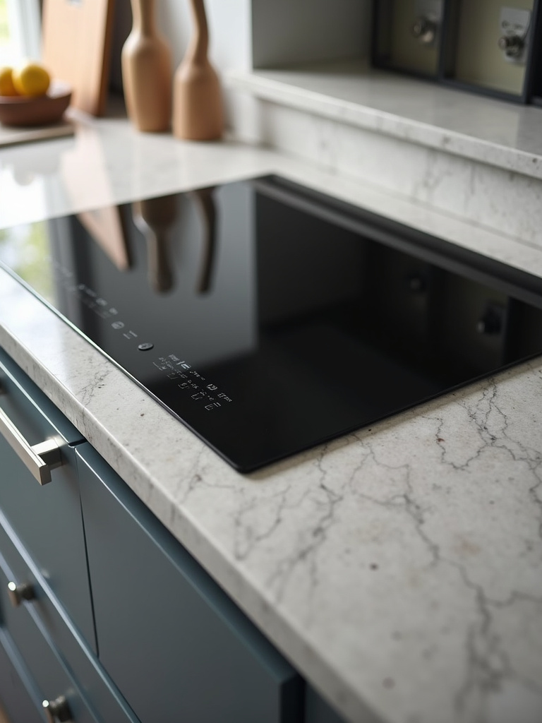 Sleek black glass induction cooktop seamlessly integrated into a light gray quartz countertop in a modern kitchen.