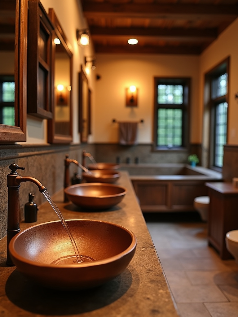 Rustic bathroom showcasing warm copper faucet and sink fixtures under soft ambient lighting.