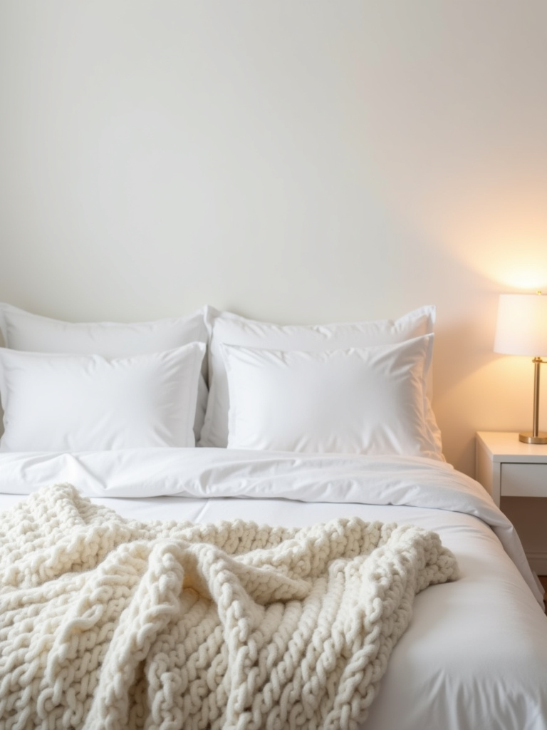 “White bedroom bed featuring a luxuriously textured chunky white knit blanket draped at the foot, adding warmth and cozy style to the space.”