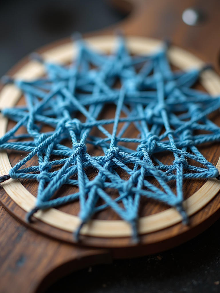 “Geometric string art design in blue and white string on a dark stained wood board.”
