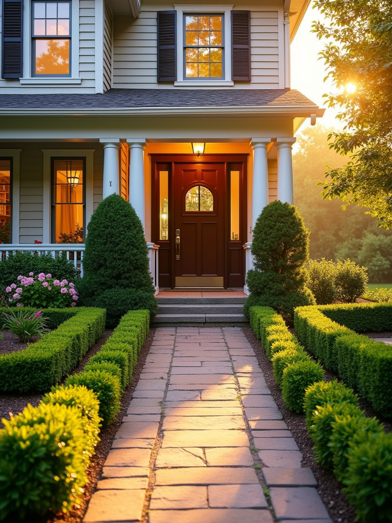 Welcoming home entrance framed by lush foundation shrubs in golden hour lighting.