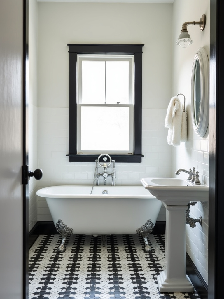 Vintage bathroom featuring a classic black and white checkerboard tile floor, white walls with black trim, and chrome fixtures under bright, clean lighting.
