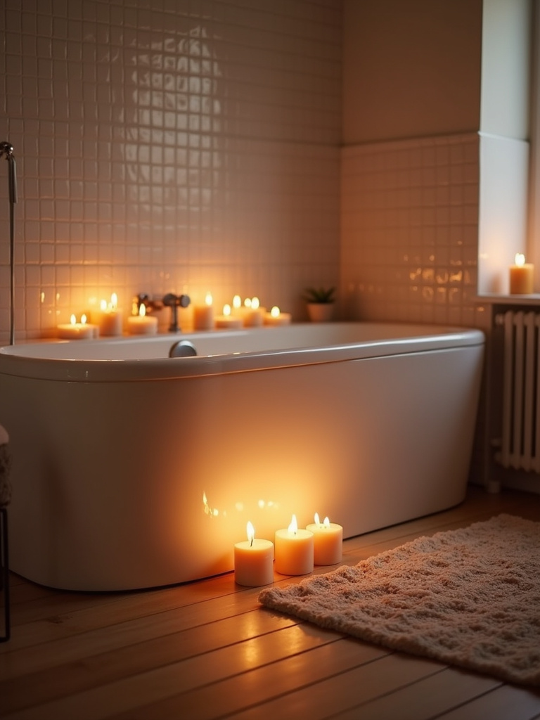 Scandinavian bathroom creating “hygge” with candlelight and soft, warm lighting for a relaxing atmosphere.