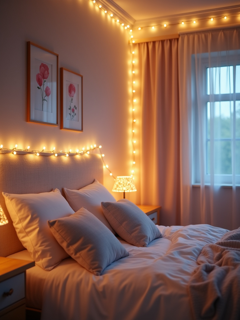 Whimsical bedroom interior with delicate string lights draped along the headboard, creating a dreamy atmosphere.