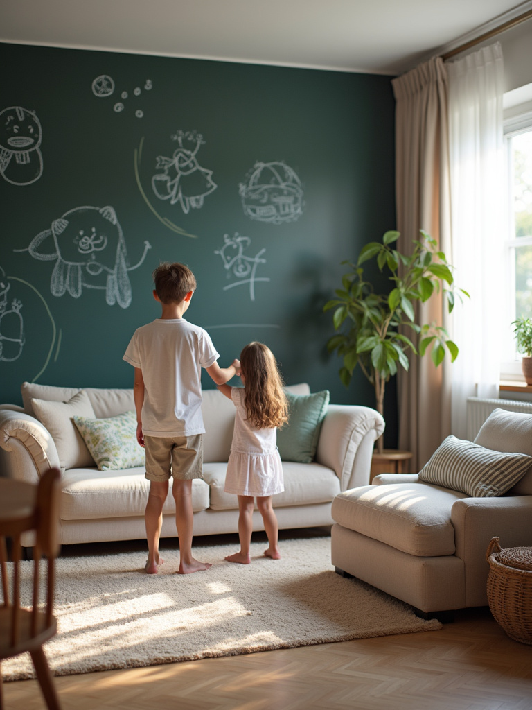 “Chalkboard wall with children’s drawings in a family-friendly living room.”