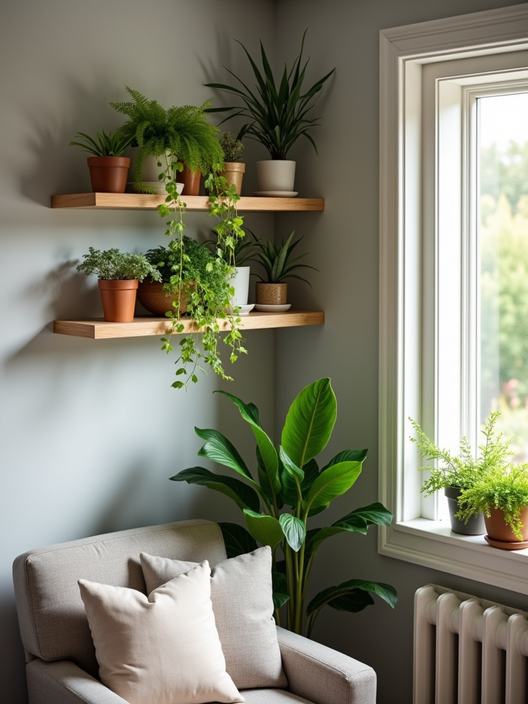 “Floating wooden shelves filled with potted plants in a cozy living room nook with light grey walls.”
