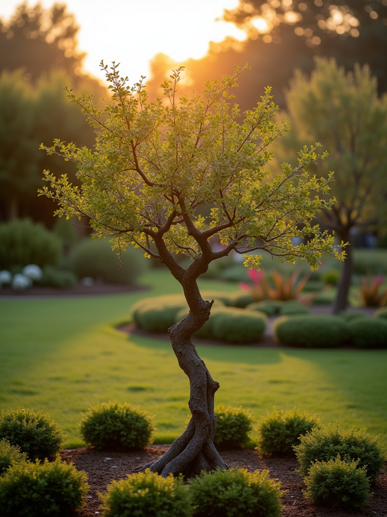 Striking specimen shrub, a contorted filbert, as a focal point in a garden bed in golden hour lighting.