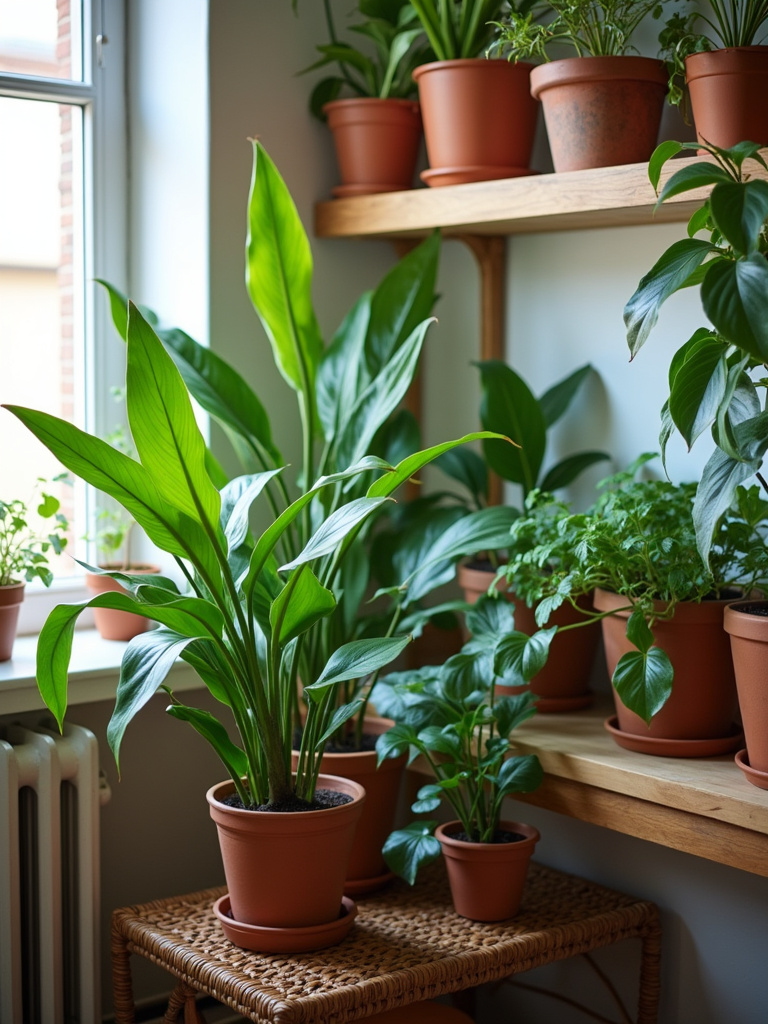 “Bohemian living room corner with a collection of diverse houseplants creating a green oasis.”