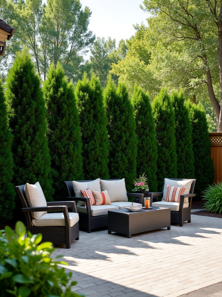 Lush evergreen shrub privacy screen bordering a backyard patio in bright daylight.