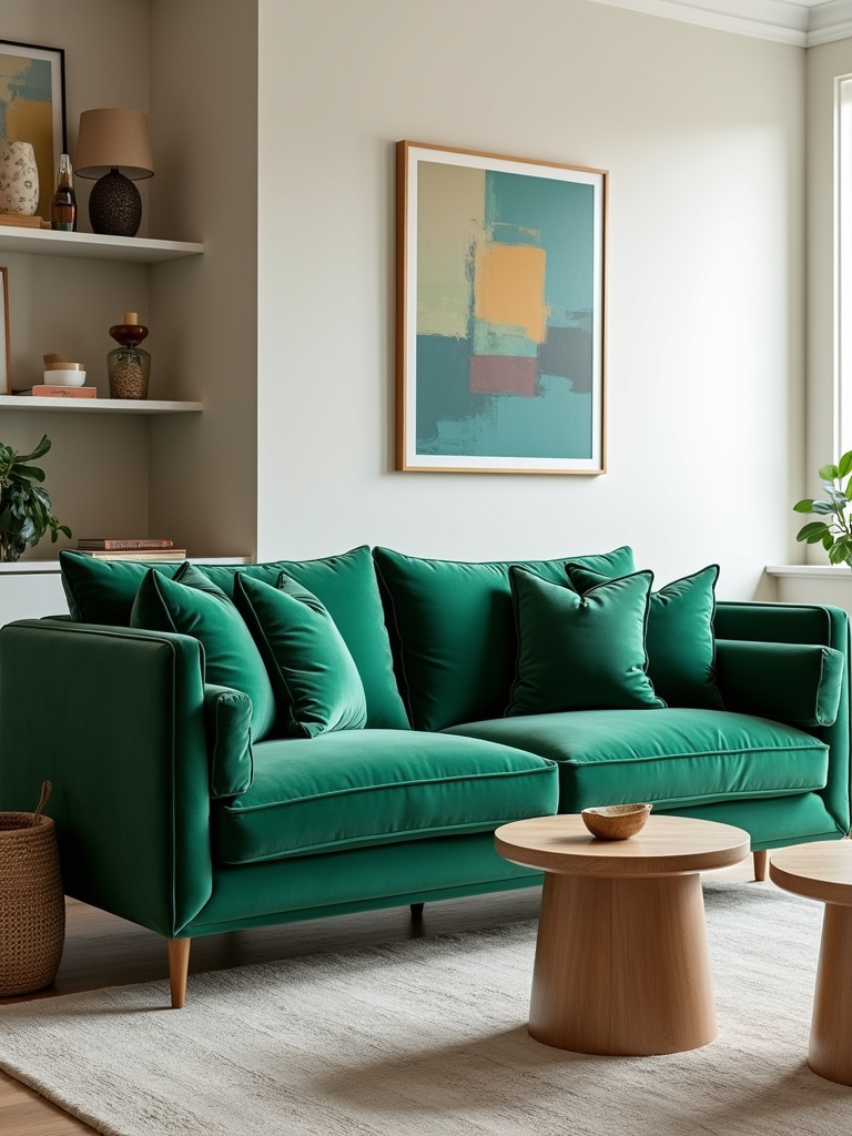 “Modern living room with a vibrant emerald green velvet sofa serving as the focal point.”