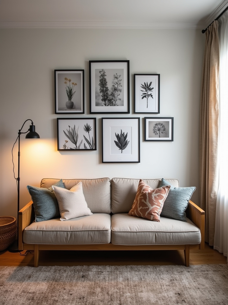 “Gallery wall of black and white photography, botanical prints, and abstract art above a mid-century modern sofa in a bohemian living room.”