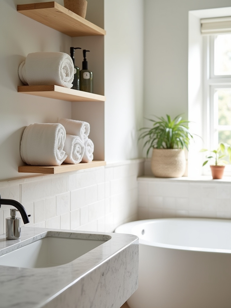 Scandinavian bathroom embracing open shelving for display and accessibility of towels, plants, and decorative items.