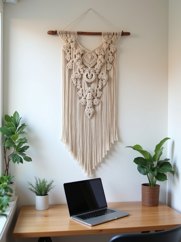 “Modern home office nook with a DIY macrame wall hanging adding texture and personalized decor.”