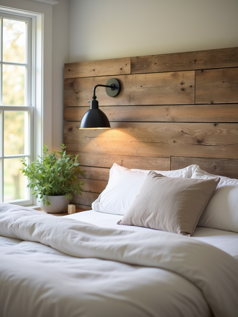 Farmhouse bedroom featuring a DIY rustic wood plank headboard.