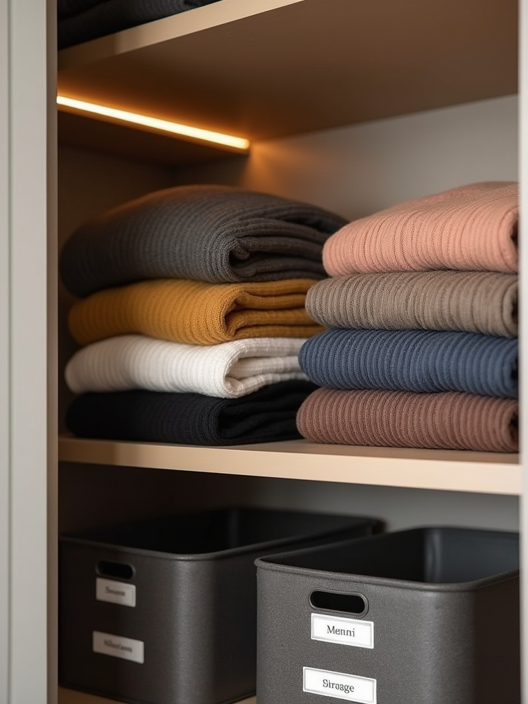 “Organized closet shelf with neatly folded sweaters and labeled storage boxes, highlighting decluttering and organization.”