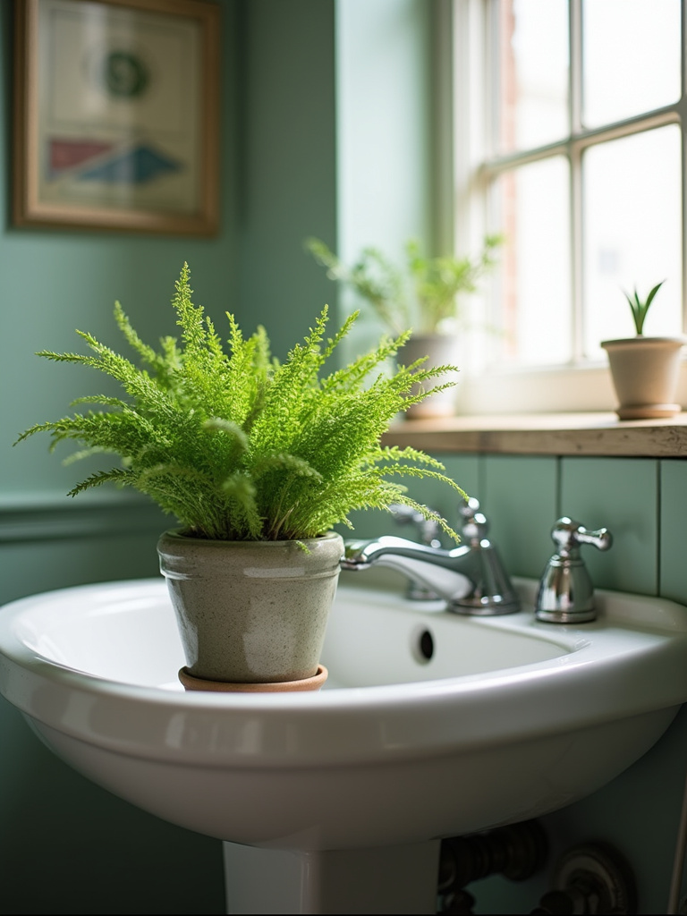 Detail of a vintage bathroom plant featuring a potted fern in a vintage ceramic pot on a pedestal sink, softly illuminated by natural light.