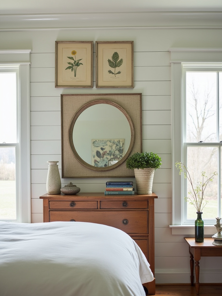 Farmhouse bedroom with vintage botanical prints and antique mirror wall décor.