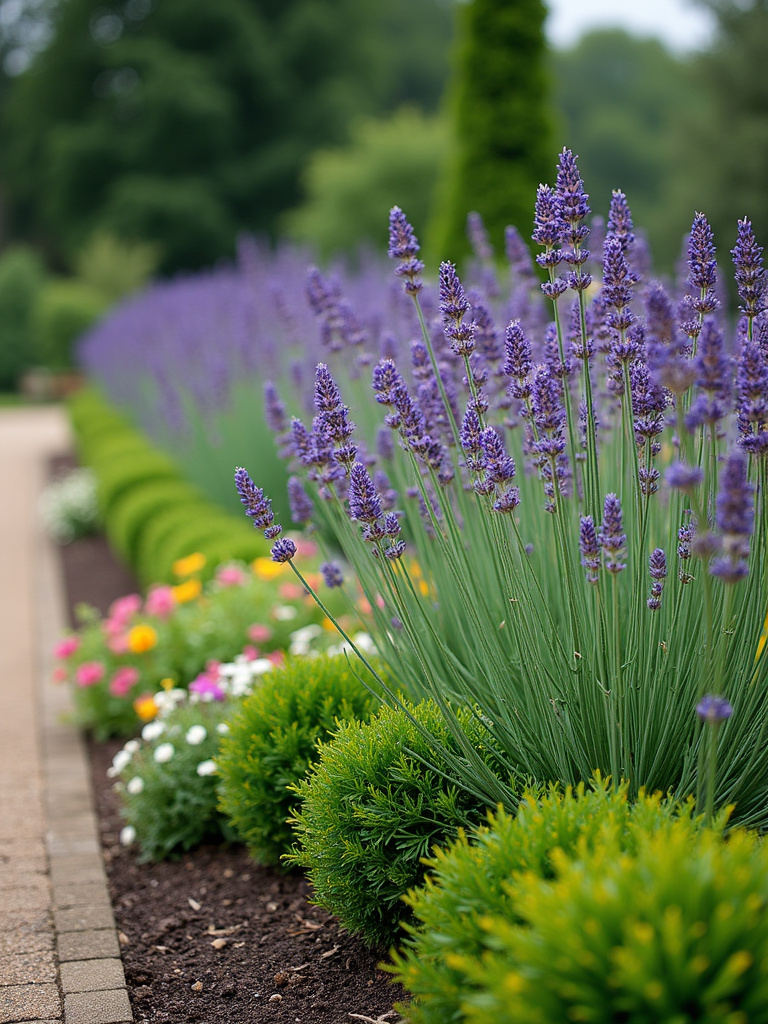 Garden bed with a defined border of low-growing lavender shrubs.