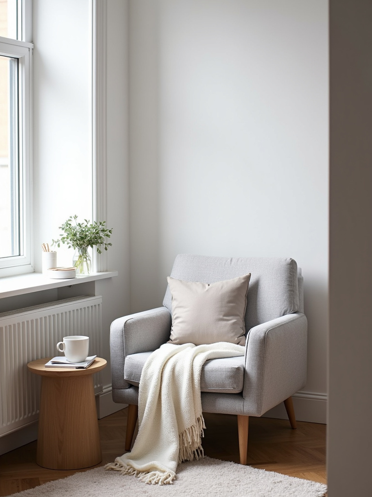 “Scandinavian apartment corner nook with a cozy armchair, throw blanket, and side table, creating a relaxation spot.”