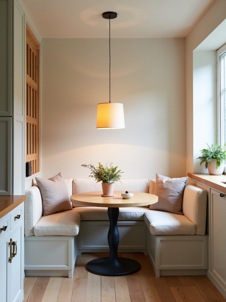Cozy breakfast nook in a modern kitchen with a built-in banquette, soft cushions, round table, and pendant lighting, creating a warm dining space.