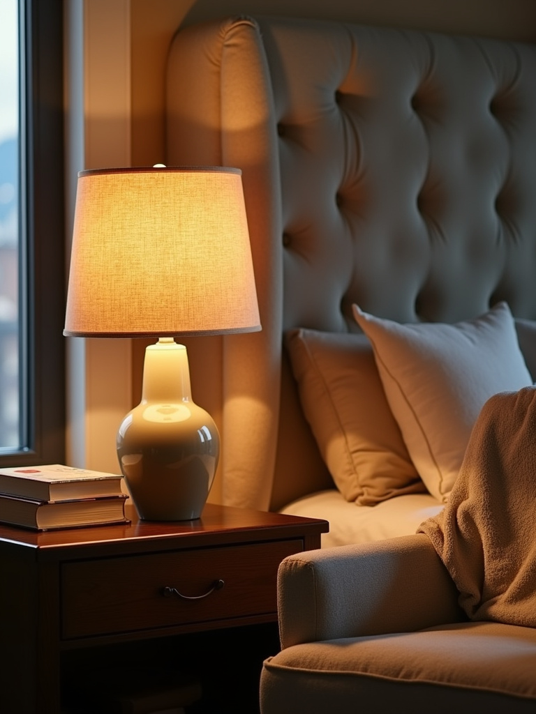 Cozy bedroom reading nook illuminated by a warm bedside lamp on a nightstand.