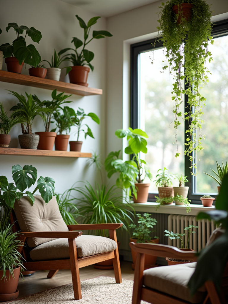 A bohemian living room showcasing floating wooden shelves overflowing with potted plants and greenery, bathed in natural sunlight.