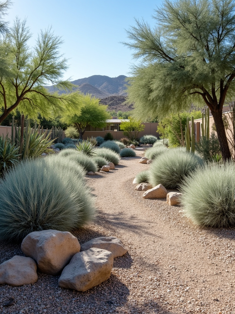 Drought-tolerant landscape featuring silvery and green shrubs with gravel pathways in bright sunlight.