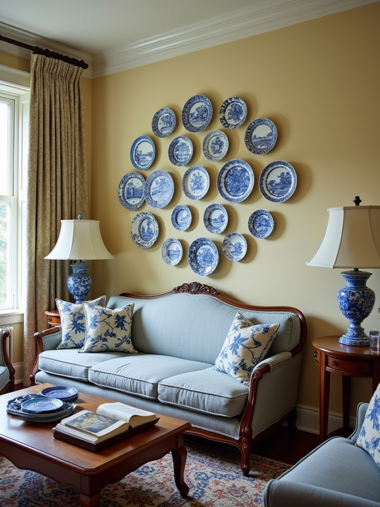 “Wall decorated with a collection of decorative plates in blue and white patterns in a traditional living room.”