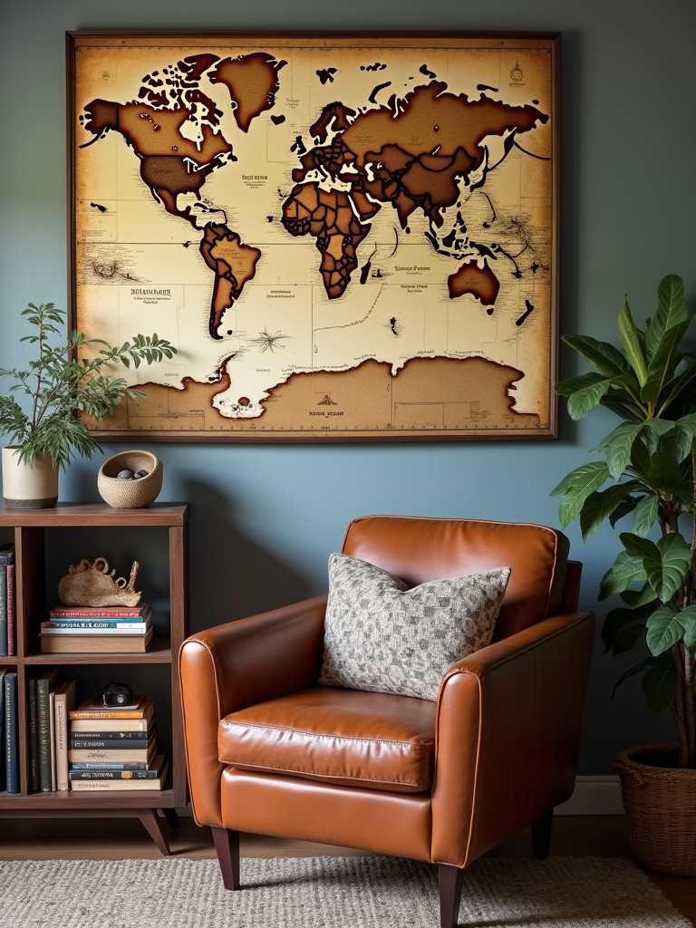 “Large framed vintage-style world map hanging above a leather armchair in a global-inspired living room.”