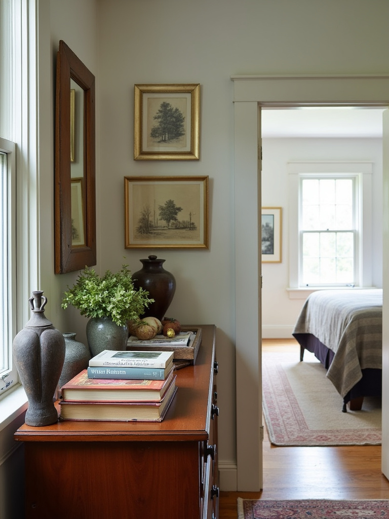 Farmhouse bedroom displaying vintage finds and personal treasures for a lived-in feel.