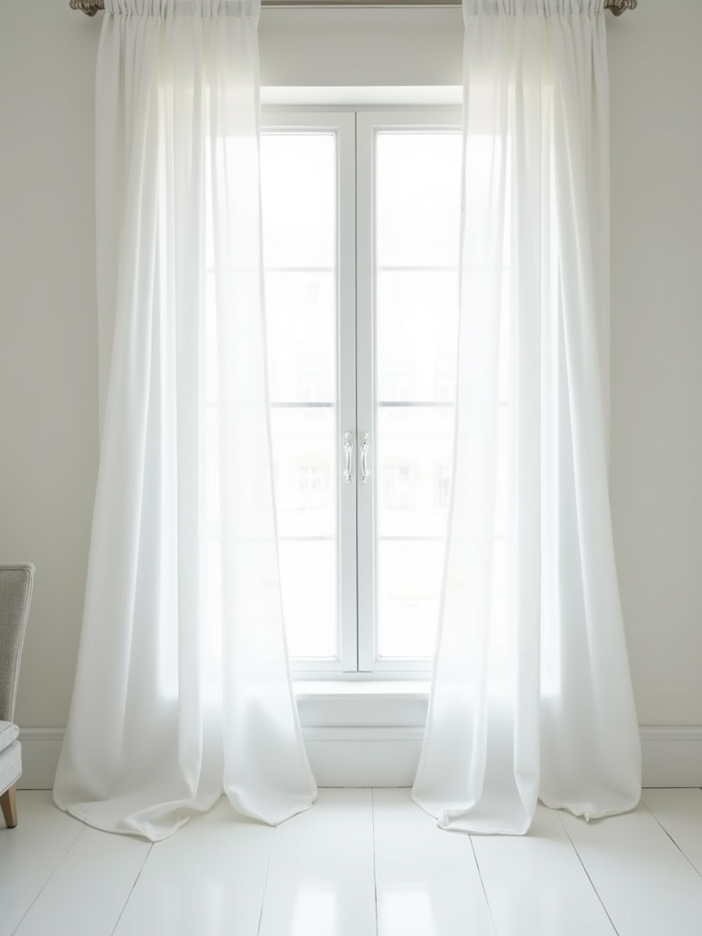 “White bedroom bathed in soft sunlight filtering through elegant sheer white curtains, creating a dreamy and airy ambiance.”