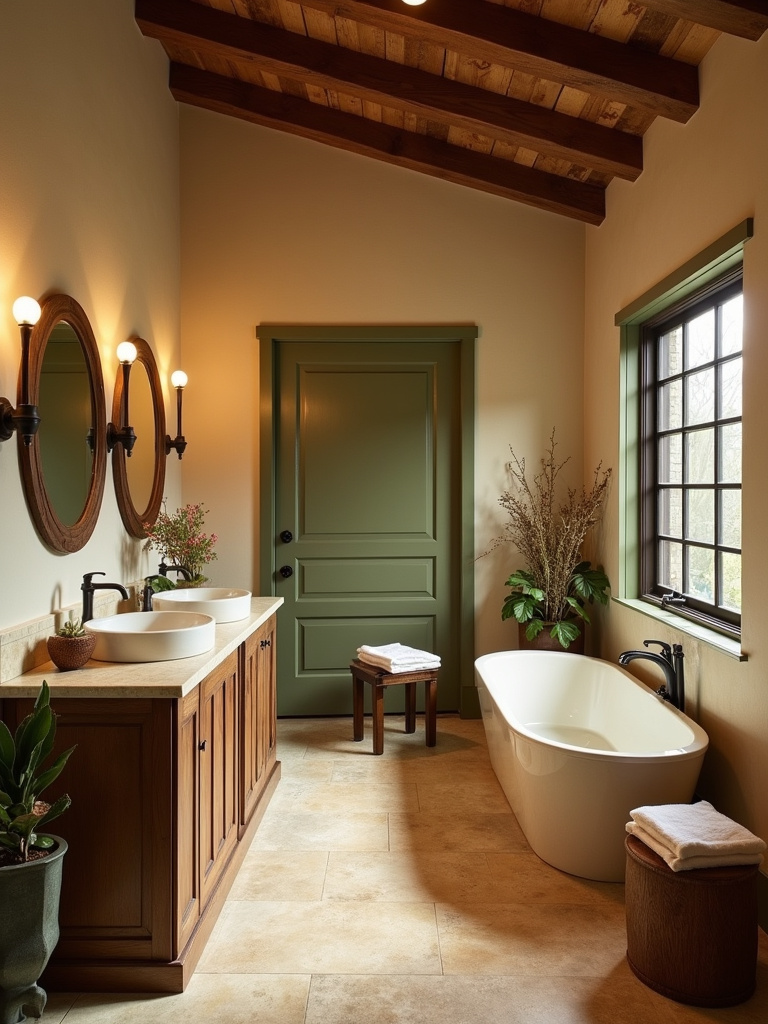 Rustic bathroom with a warm earthy tone color palette, featuring beige walls, a brown wood vanity, and green accents.
