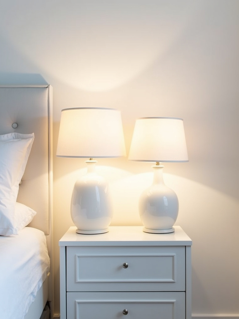 “Minimalist white bedroom with a white nightstand featuring elegant white ceramic bedside lamps with warm, inviting light.”