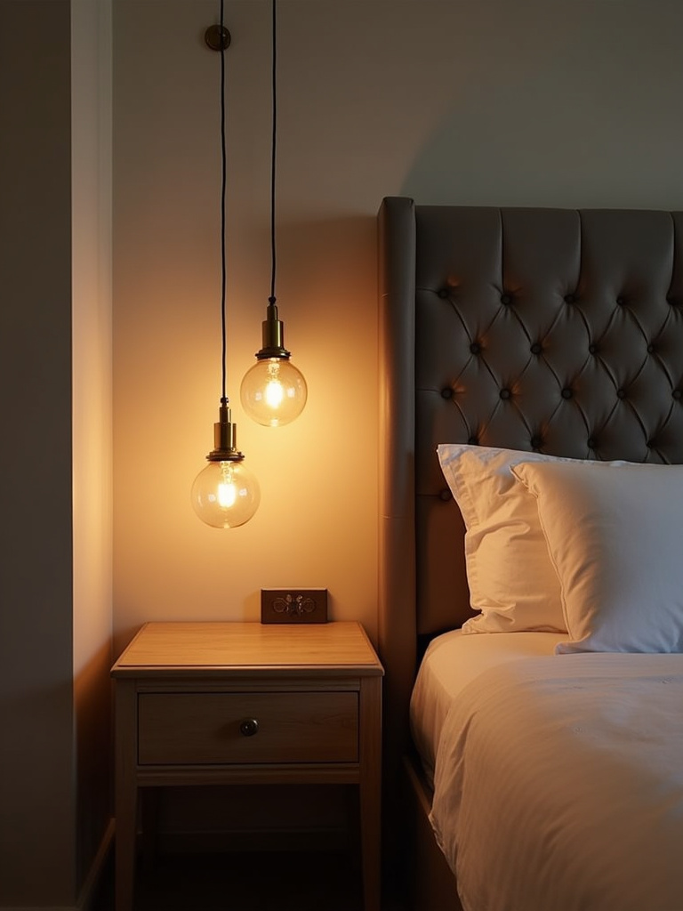 Stylish bedroom interior with chic brass globe pendant lights serving as space-saving bedside lighting.