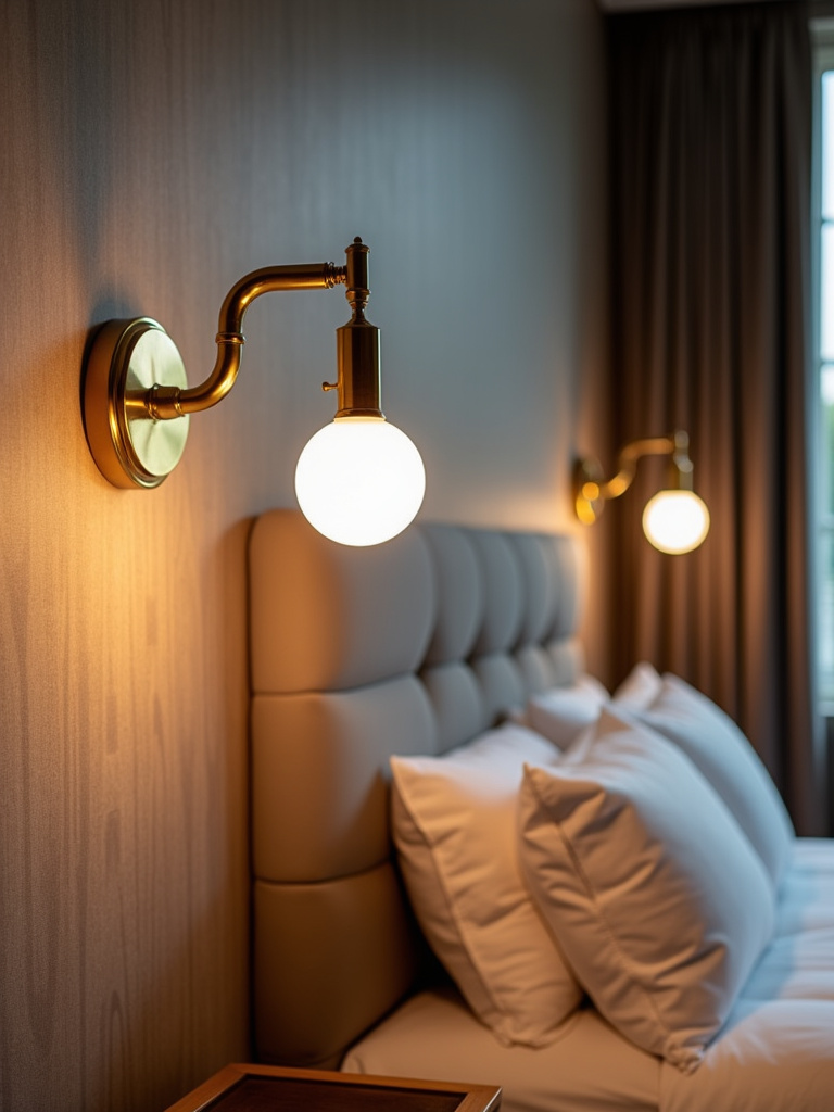 Elegant bedroom with brass swing-arm wall sconces providing bedside lighting.