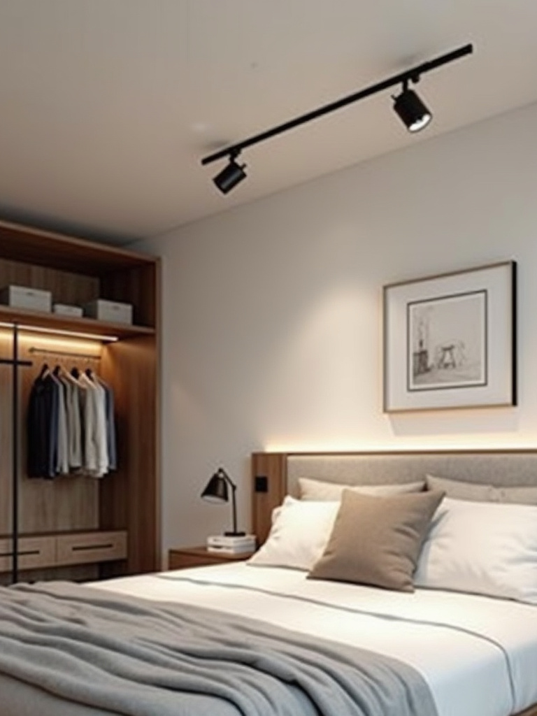 Minimalist chic bedroom interior with sleek track lighting providing focused and adjustable illumination.