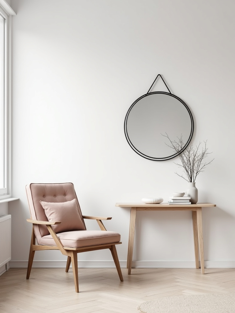 “Large round mirror with a thin black metal frame hanging above a wooden console table in a minimalist Scandinavian living room.”