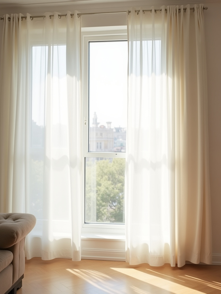 “Bright living room with sheer white curtains allowing natural light to filter through the window.”