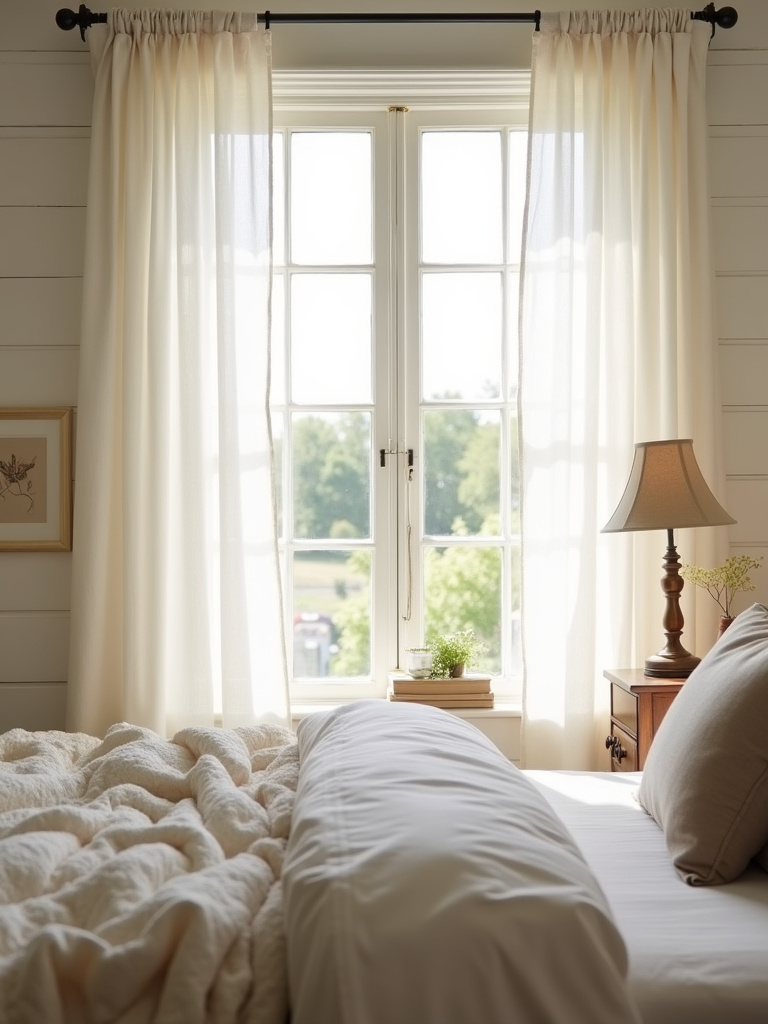 Serene farmhouse bedroom with creamy white walls, linen bedding, and soft natural light.