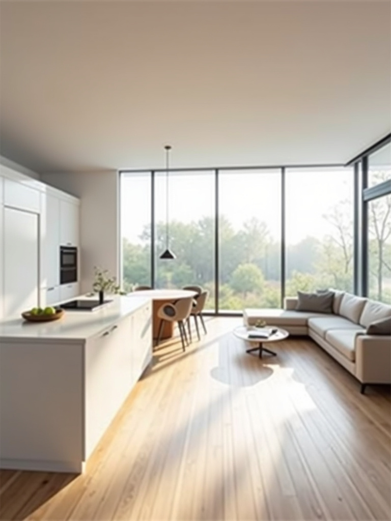 Bright, open plan modern kitchen and living room with light wood floors, white cabinets, and large windows, emphasizing seamless flow.
