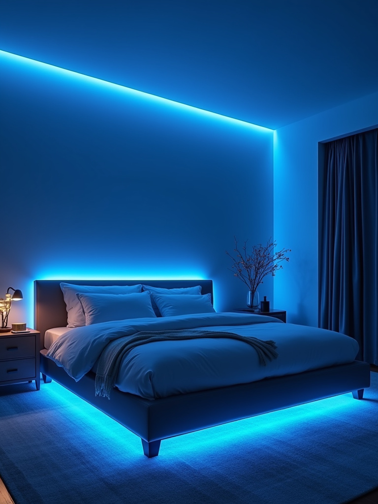 Modern smart bedroom with customizable color-changing LED strip lighting under the bed and behind the headboard.