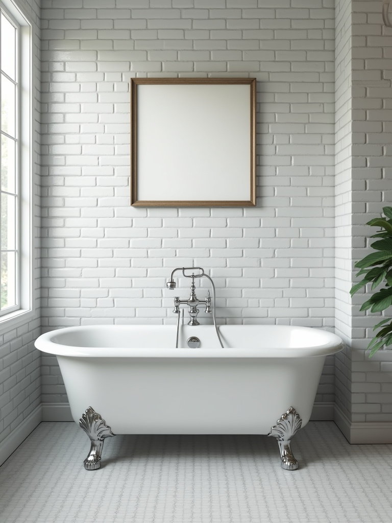 A vintage bathroom showcasing a white clawfoot tub with chrome fixtures, set against light gray subway tile walls, illuminated by natural daylight.