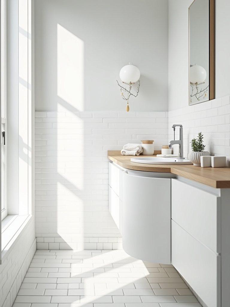 Bright and airy Scandinavian bathroom featuring a crisp white and neutral palette, bathed in natural light.