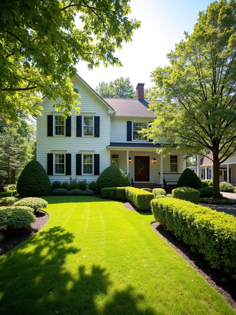 Well-maintained front yard with neatly trimmed shrubs enhancing curb appeal in sunny morning light.