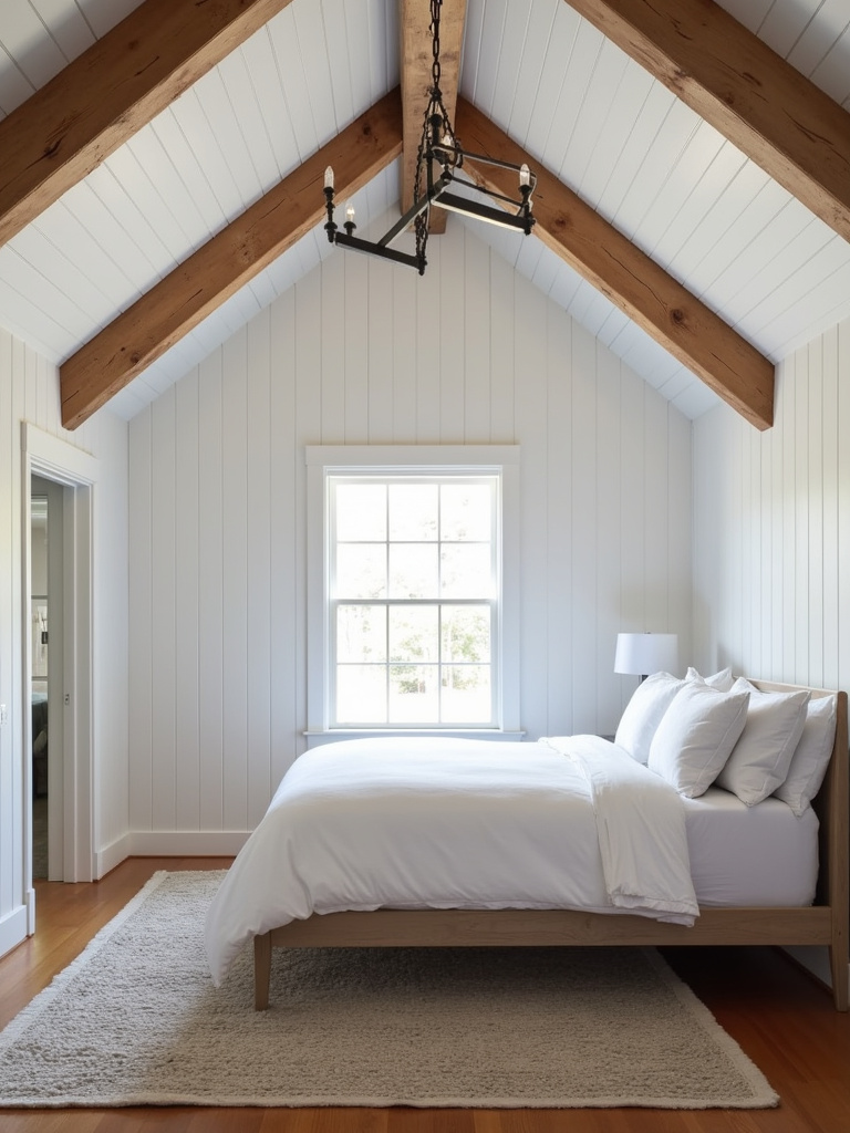 Farmhouse bedroom with exposed wood beams and white shiplap walls.